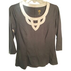 Belle by Kim Gravel black/white knit 3/4 sleeve top Size XS white trim